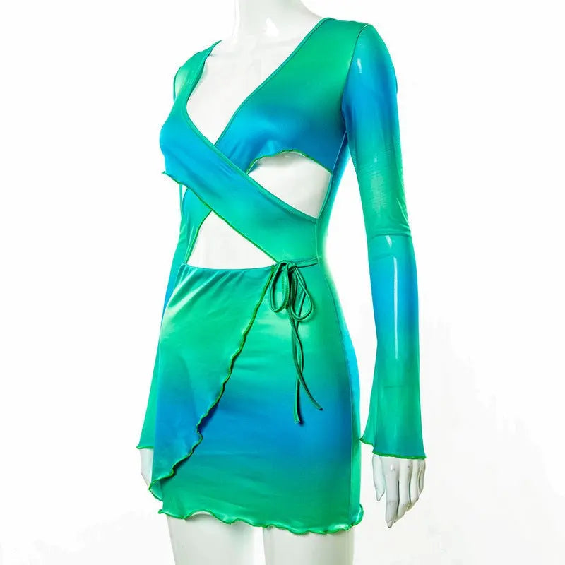 Sexy Tie Dye Bodycon Mini Dress Women Hollow Out Long Sleeve Mesh Skinny Summer 2022 - Blade & Thread