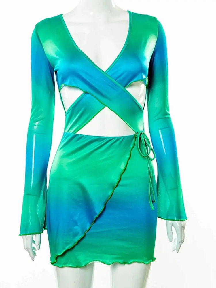 Sexy Tie Dye Bodycon Mini Dress Women Hollow Out Long Sleeve Mesh Skinny Summer 2022 - Blade & Thread