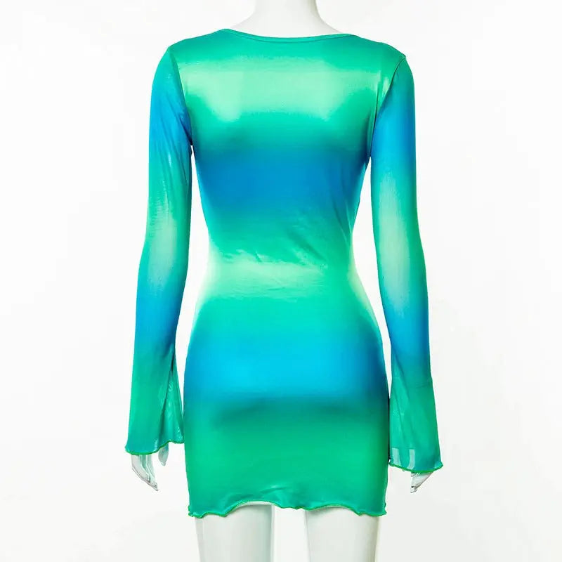 Sexy Tie Dye Bodycon Mini Dress Women Hollow Out Long Sleeve Mesh Skinny Summer 2022 - Blade & Thread