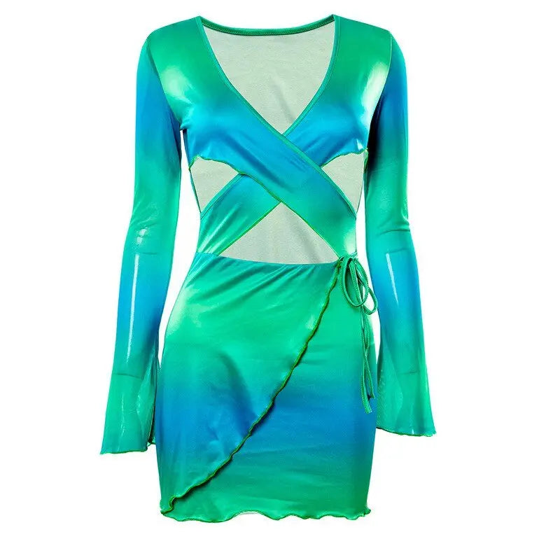 Sexy Tie Dye Bodycon Mini Dress Women Hollow Out Long Sleeve Mesh Skinny Summer 2022 - Blade & Thread