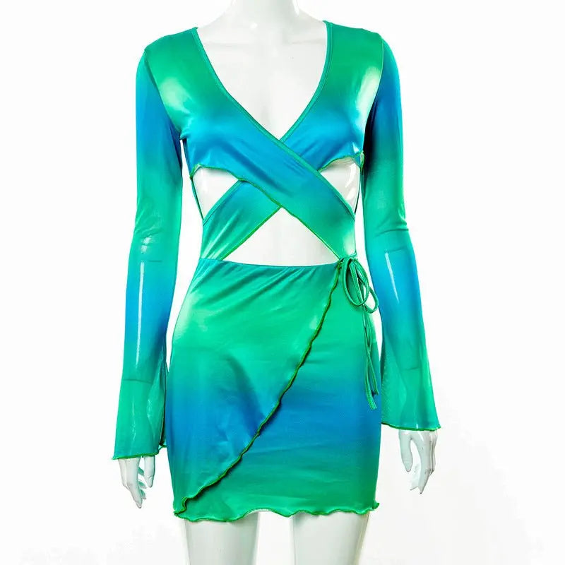 Sexy Tie Dye Bodycon Mini Dress Women Hollow Out Long Sleeve Mesh Skinny Summer 2022 - Blade & Thread