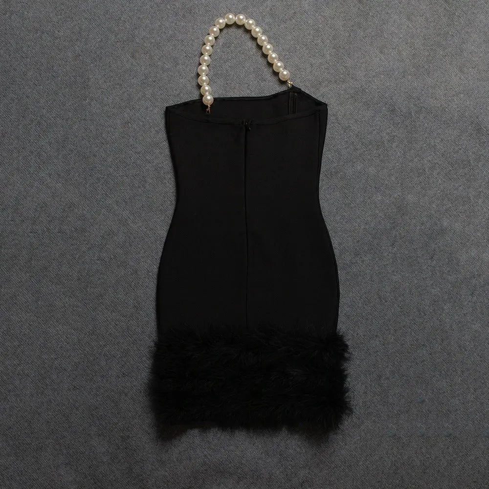 Sexy Tube Top Pearl One Shoulder Feather Decoration Cover Hip Bandage Dress - Blade & Thread