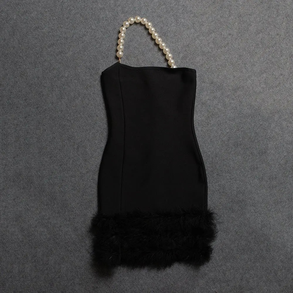 Sexy Tube Top Pearl One Shoulder Feather Decoration Cover Hip Bandage Dress - Blade & Thread