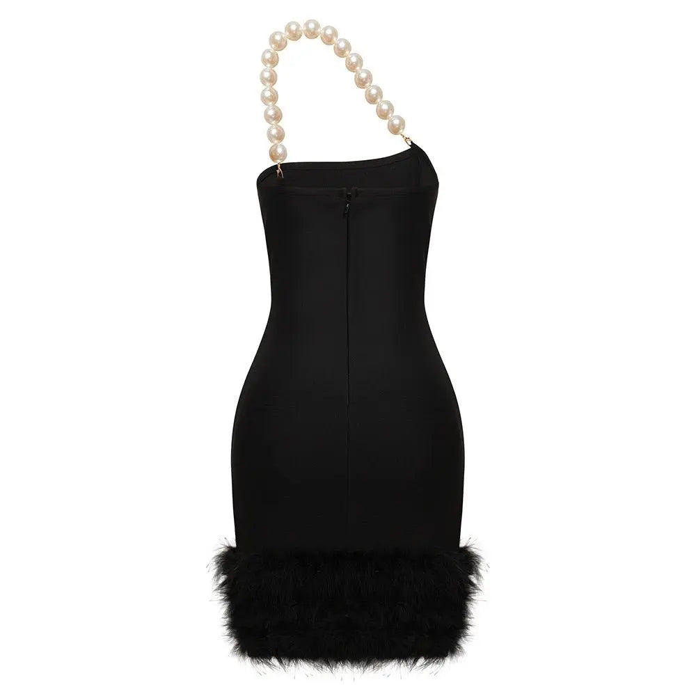 Sexy Tube Top Pearl One Shoulder Feather Decoration Cover Hip Bandage Dress - Blade & Thread