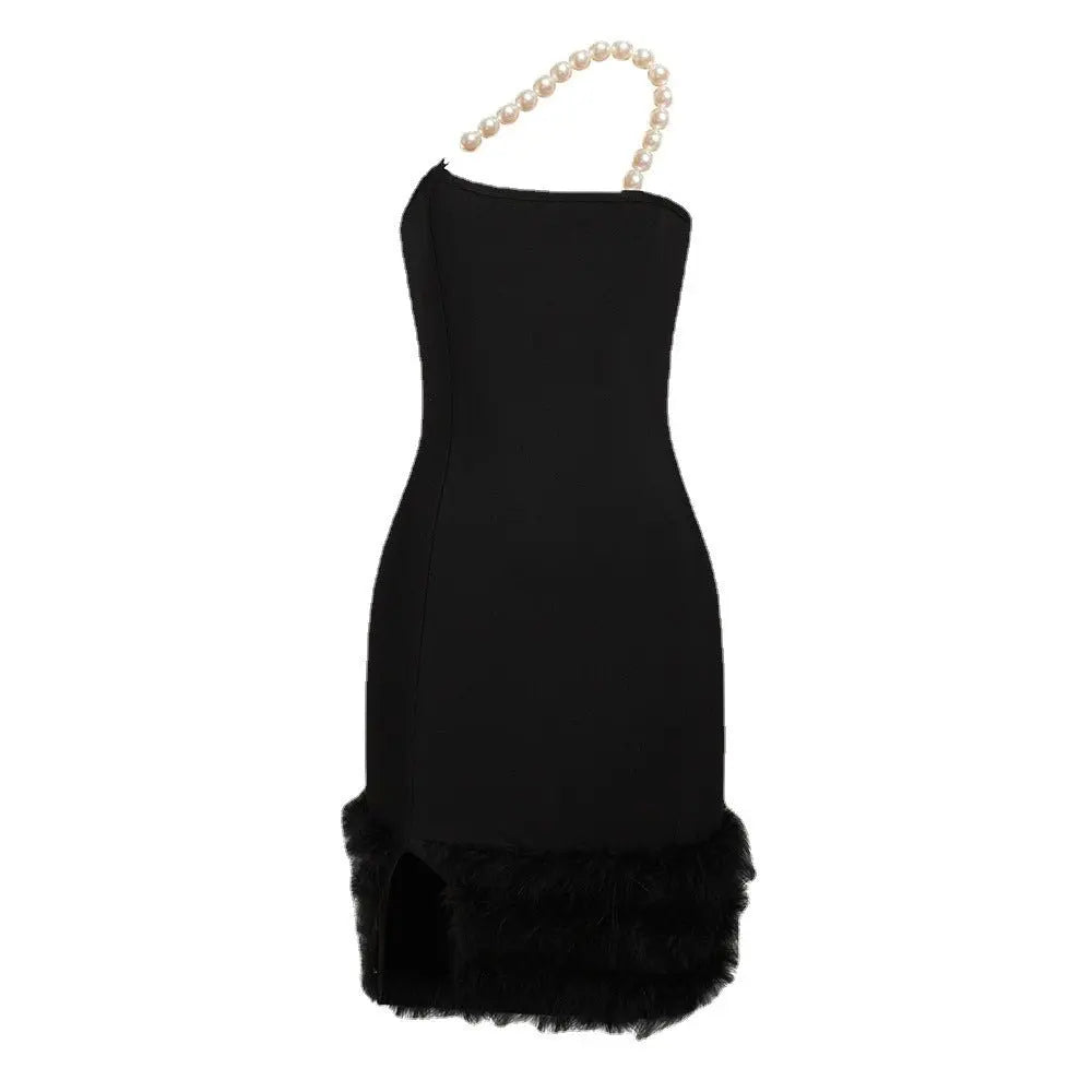 Sexy Tube Top Pearl One Shoulder Feather Decoration Cover Hip Bandage Dress - Blade & Thread