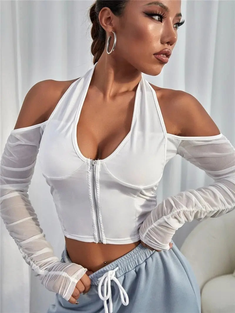 Sexy V-neck Mesh T-shirt Tops Cropped Summer Women See Through Off Shoulder Long Sleeve - Blade & Thread
