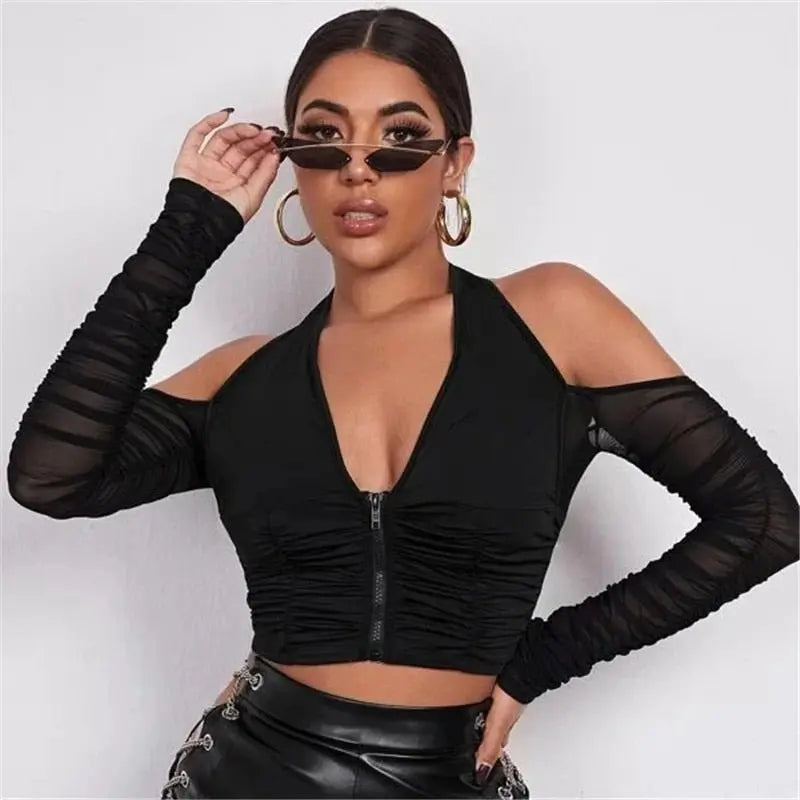 Sexy V-neck Mesh T-shirt Tops Cropped Summer Women See Through Off Shoulder Long Sleeve - Blade & Thread