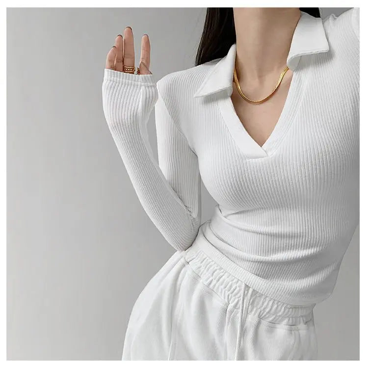 Sexy V-Neck Slim Fitness Women's T-Shirt Long Sleeve Polo Shirt Woman High Waist Cropped Tops - Blade & Thread