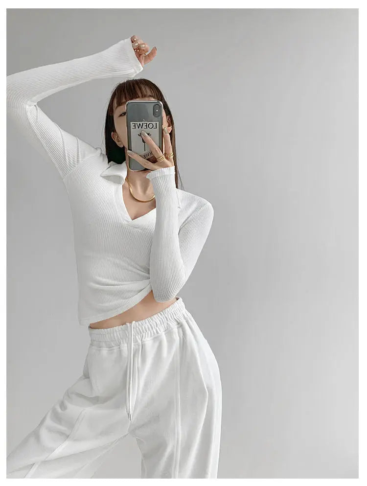 Sexy V-Neck Slim Fitness Women's T-Shirt Long Sleeve Polo Shirt Woman High Waist Cropped Tops - Blade & Thread