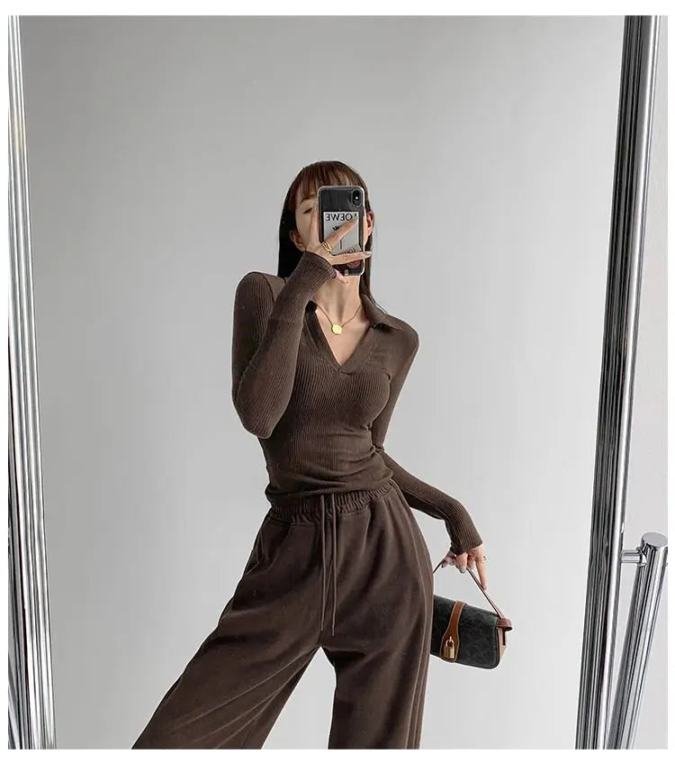 Sexy V-Neck Slim Fitness Women's T-Shirt Long Sleeve Polo Shirt Woman High Waist Cropped Tops - Blade & Thread