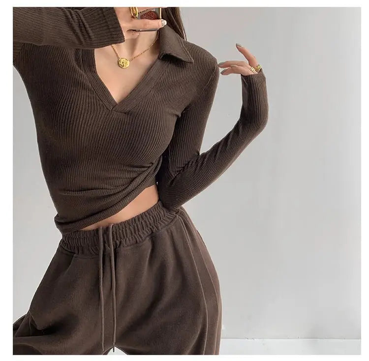 Sexy V-Neck Slim Fitness Women's T-Shirt Long Sleeve Polo Shirt Woman High Waist Cropped Tops - Blade & Thread