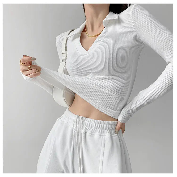 Sexy V-Neck Slim Fitness Women's T-Shirt Long Sleeve Polo Shirt Woman High Waist Cropped Tops - Blade & Thread