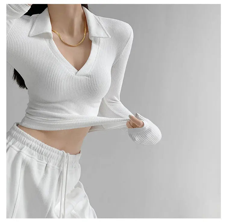 Sexy V-Neck Slim Fitness Women's T-Shirt Long Sleeve Polo Shirt Woman High Waist Cropped Tops - Blade & Thread