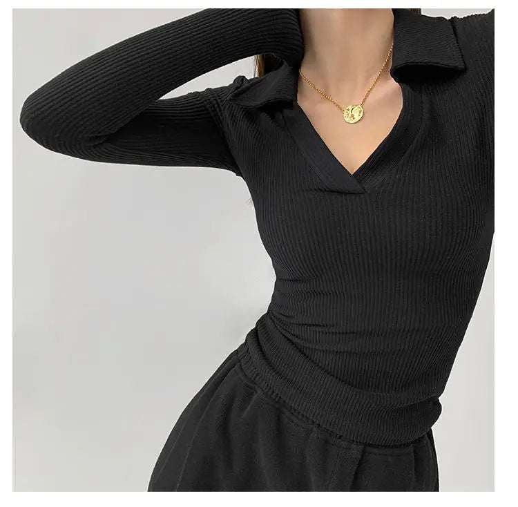 Sexy V-Neck Slim Fitness Women's T-Shirt Long Sleeve Polo Shirt Woman High Waist Cropped Tops - Blade & Thread
