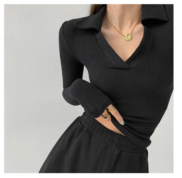 Sexy V-Neck Slim Fitness Women's T-Shirt Long Sleeve Polo Shirt Woman High Waist Cropped Tops - Blade & Thread
