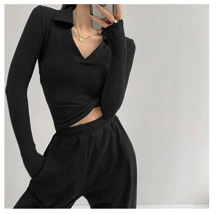 Sexy V-Neck Slim Fitness Women's T-Shirt Long Sleeve Polo Shirt Woman High Waist Cropped Tops - Blade & Thread