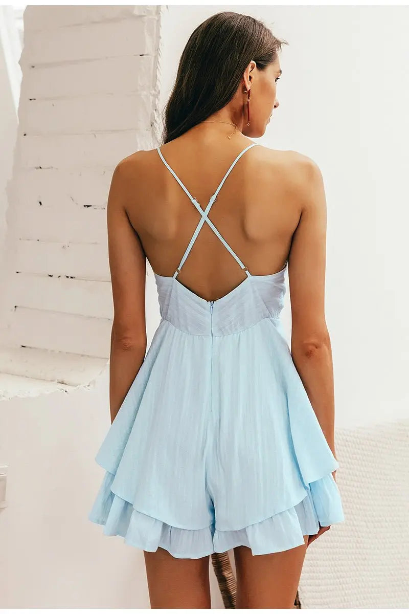 Sexy v-neck women playsuit Hollow out waist spaghetti strap ladies jumpsuit romper - Blade & Thread