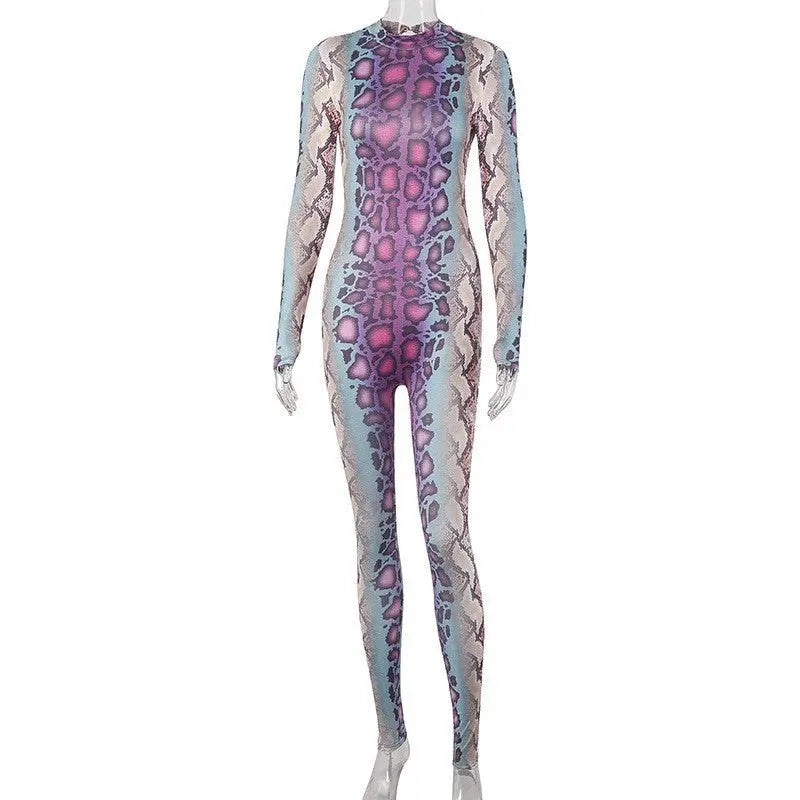 Sexy Women Jumpsuit Serpentine Print O-neck Long Sleeve Jumpsuit Backless Bodycon Jumpsuit - Blade & Thread