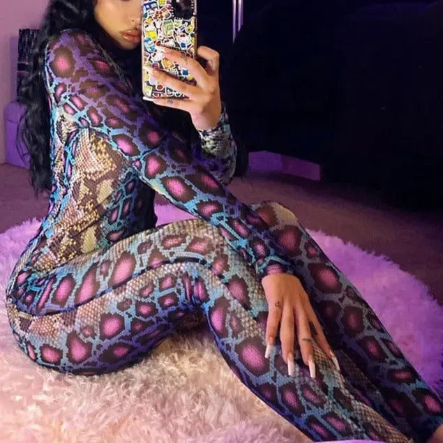 Sexy Women Jumpsuit Serpentine Print O-neck Long Sleeve Jumpsuit Backless Bodycon Jumpsuit - Blade & Thread