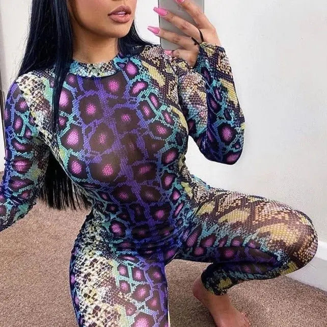 Sexy Women Jumpsuit Serpentine Print O-neck Long Sleeve Jumpsuit Backless Bodycon Jumpsuit - Blade & Thread