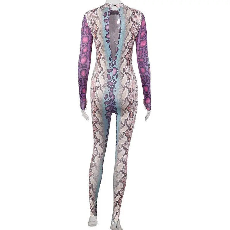 Sexy Women Jumpsuit Serpentine Print O-neck Long Sleeve Jumpsuit Backless Bodycon Jumpsuit - Blade & Thread