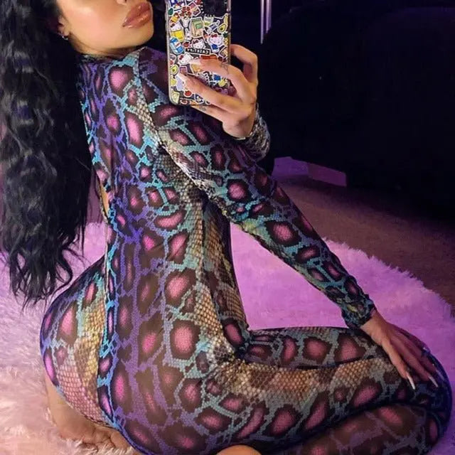 Sexy Women Jumpsuit Serpentine Print O-neck Long Sleeve Jumpsuit Backless Bodycon Jumpsuit - Blade & Thread