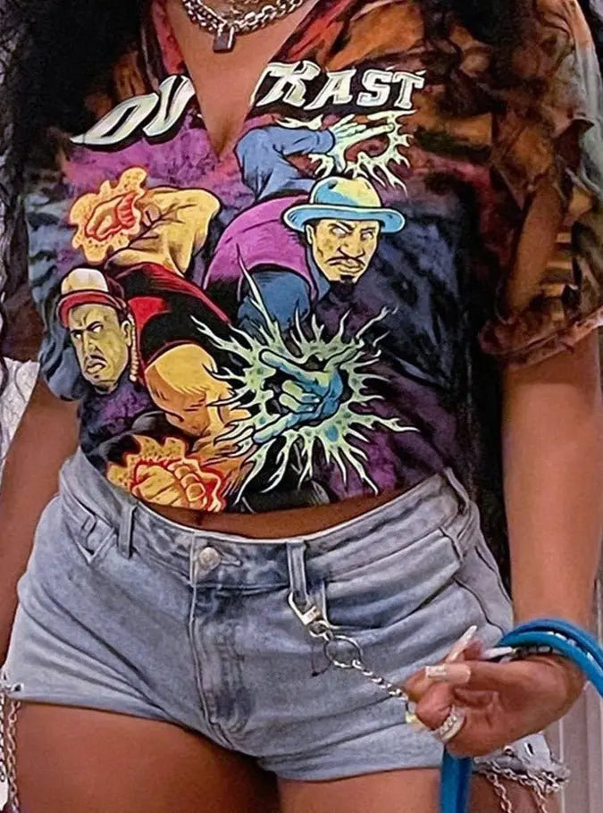 Short Sleeves V Neck Graphic Print Oversize Sexy Tops T Shirts Streetwear Y2K - Blade & Thread
