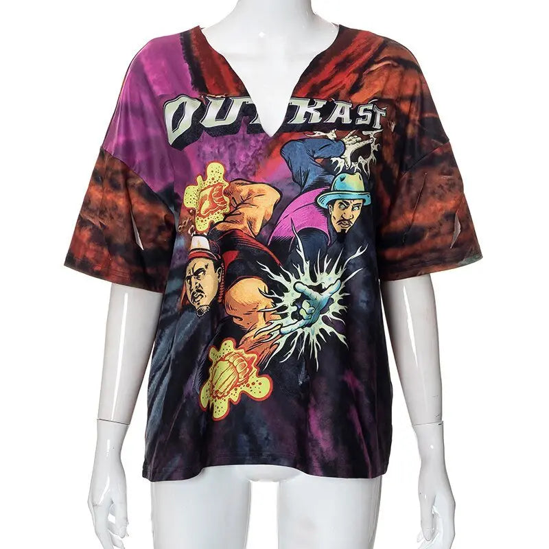 Short Sleeves V Neck Graphic Print Oversize Sexy Tops T Shirts Streetwear Y2K - Blade & Thread