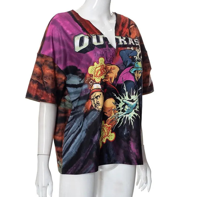 Short Sleeves V Neck Graphic Print Oversize Sexy Tops T Shirts Streetwear Y2K - Blade & Thread