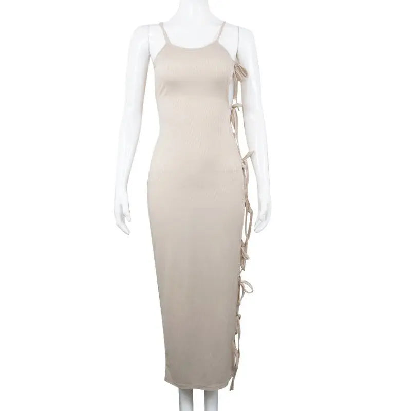 Side Hollow Out Bandage Long Dress Streetwear Beige Lace-up Sapghetti Strap Vestito - Blade & Thread