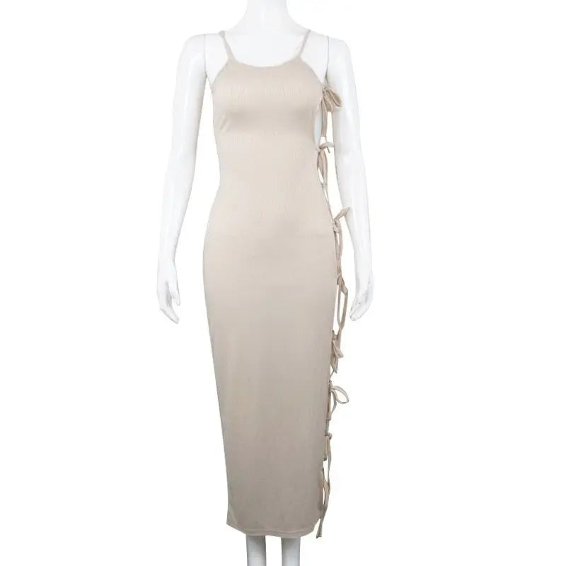 Side Hollow Out Bandage Long Dress Streetwear Beige Lace-up Sapghetti Strap Vestito - Blade & Thread