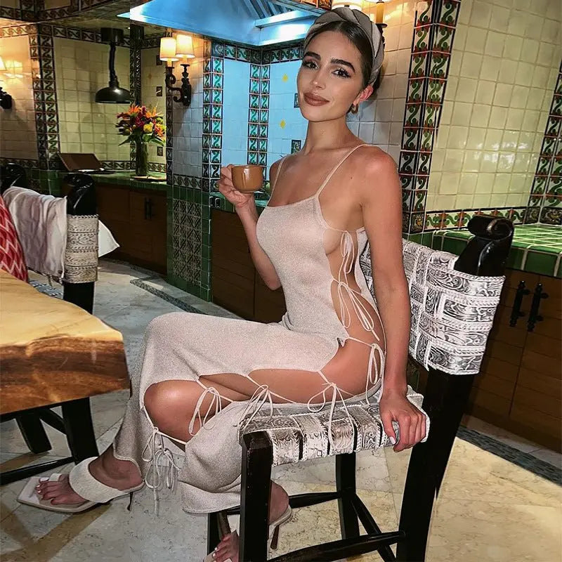 Side Hollow Out Bandage Long Dress Streetwear Beige Lace-up Sapghetti Strap Vestito - Blade & Thread