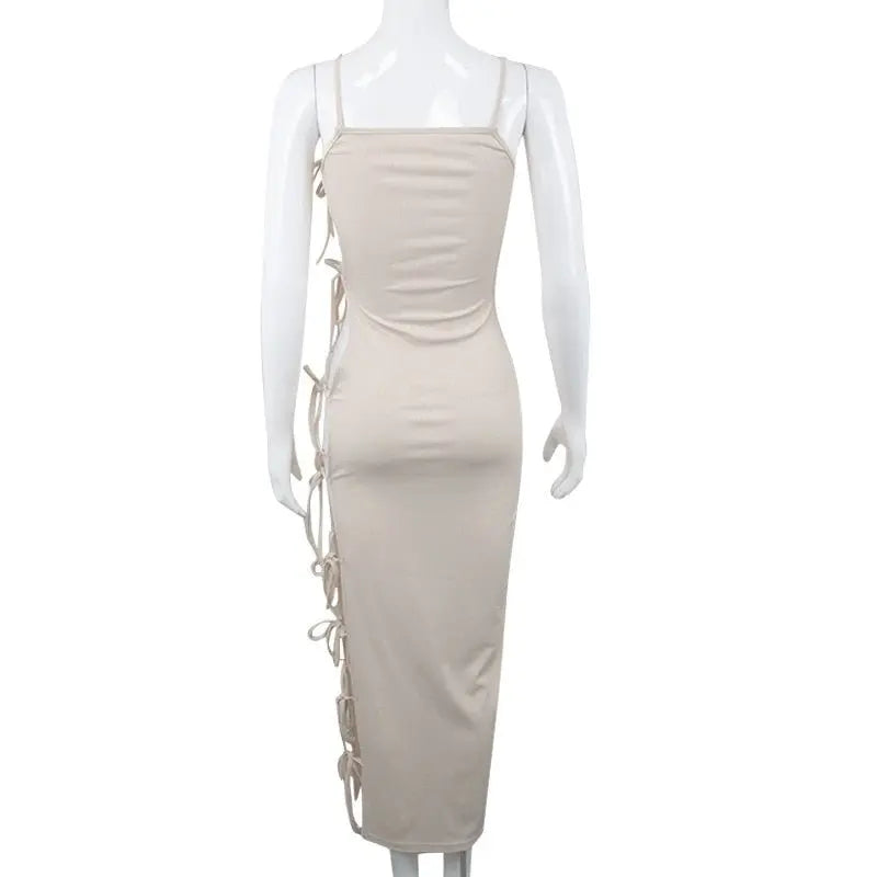 Side Hollow Out Bandage Long Dress Streetwear Beige Lace-up Sapghetti Strap Vestito - Blade & Thread