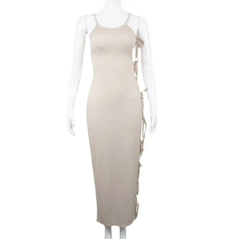 Side Hollow Out Bandage Long Dress Streetwear Beige Lace-up Sapghetti Strap Vestito - Blade & Thread