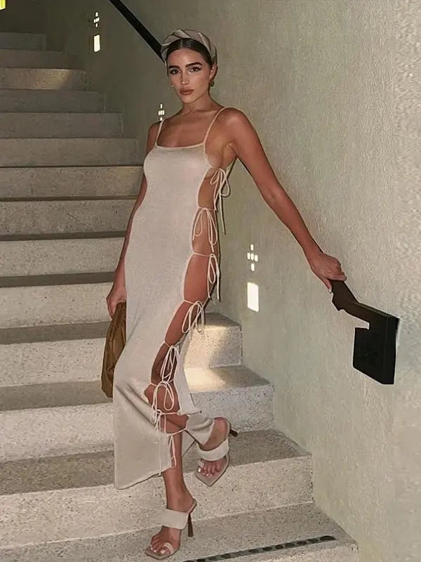 Side Hollow Out Bandage Long Dress Streetwear Beige Lace-up Sapghetti Strap Vestito - Blade & Thread