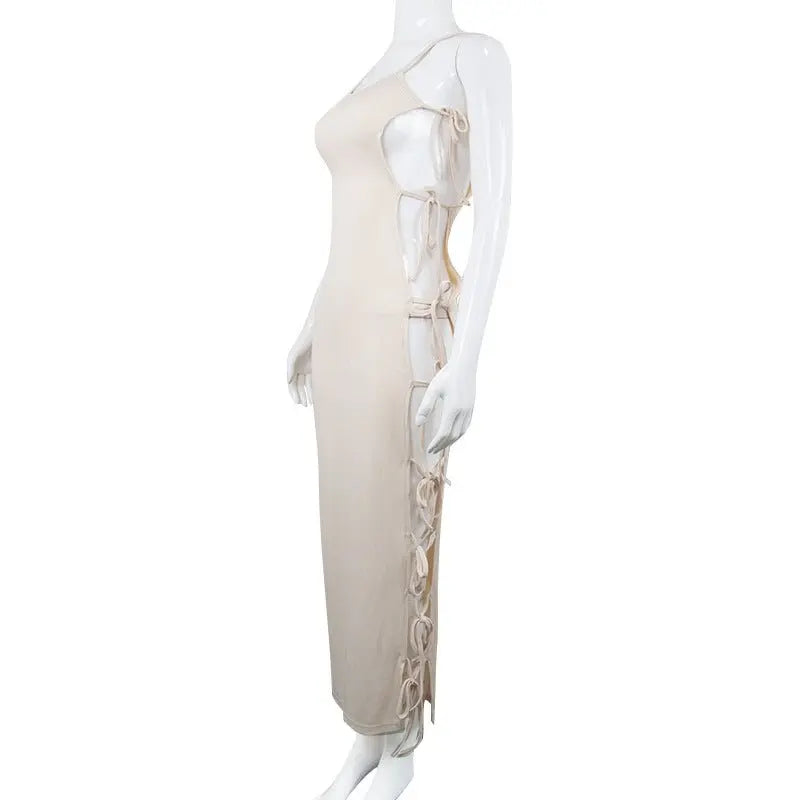Side Hollow Out Bandage Long Dress Streetwear Beige Lace-up Sapghetti Strap Vestito - Blade & Thread