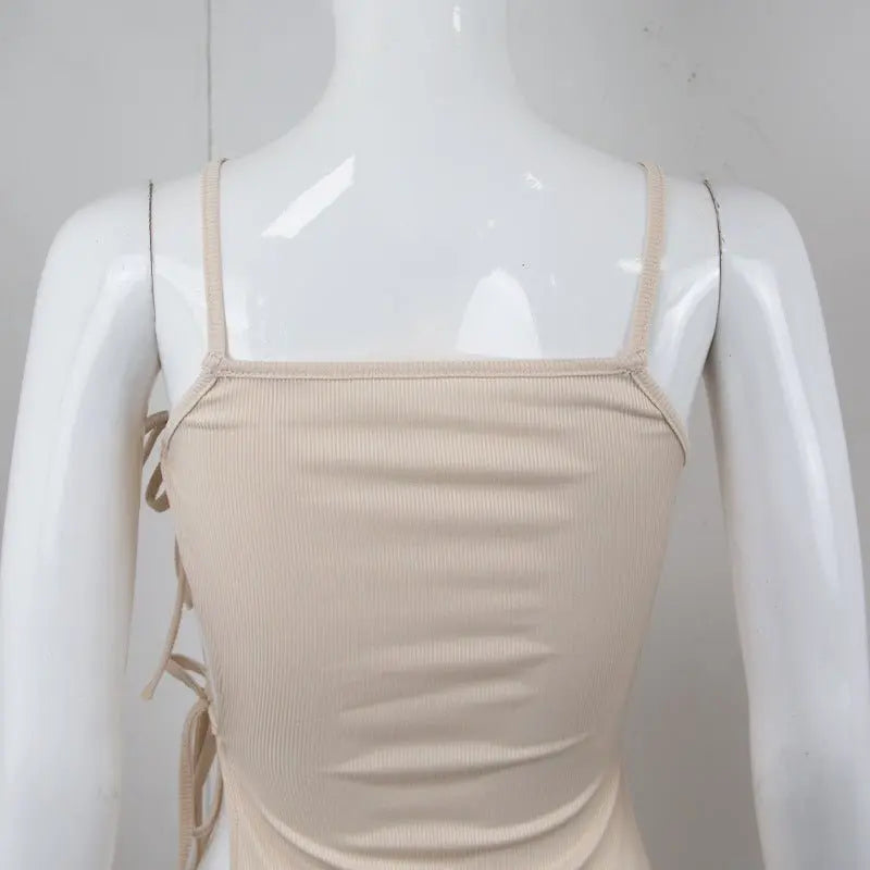 Side Hollow Out Bandage Long Dress Streetwear Beige Lace-up Sapghetti Strap Vestito - Blade & Thread