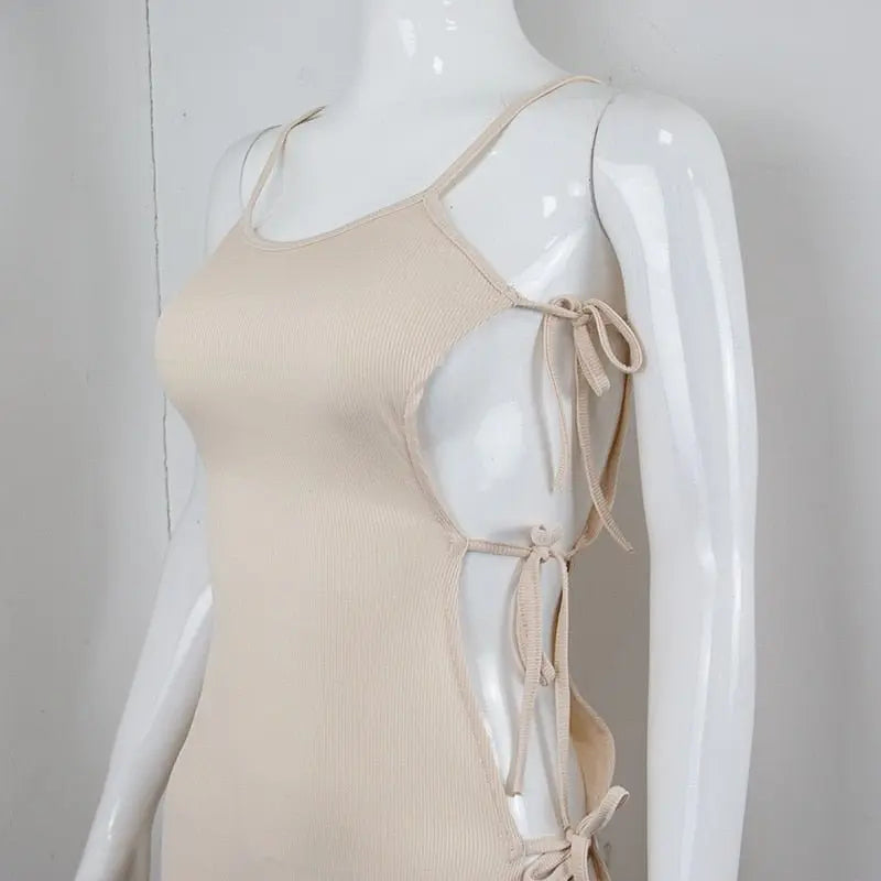 Side Hollow Out Bandage Long Dress Streetwear Beige Lace-up Sapghetti Strap Vestito - Blade & Thread