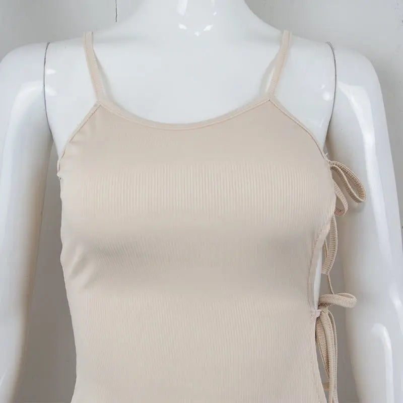 Side Hollow Out Bandage Long Dress Streetwear Beige Lace-up Sapghetti Strap Vestito - Blade & Thread
