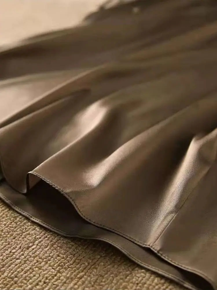 Silk Thin Short Sleeve Tees Style Slip Woman Summer Clothes Brown Tops Solid Loose Casual - Blade & Thread