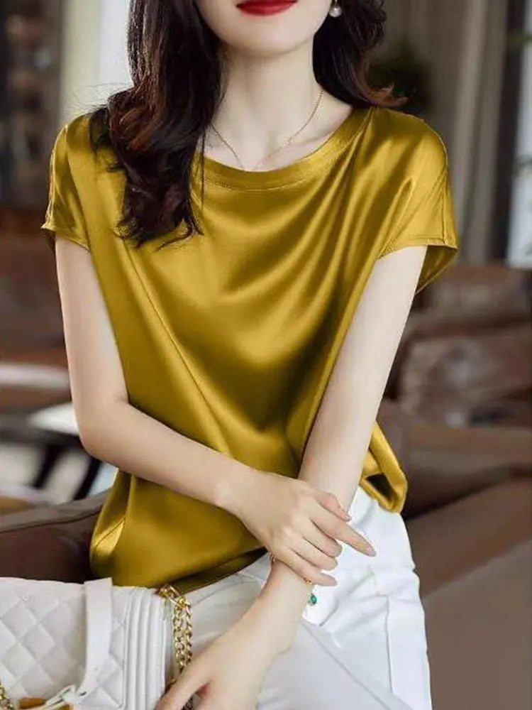 Silk Thin Short Sleeve Tees Style Slip Woman Summer Clothes Brown Tops Solid Loose Casual - Blade & Thread