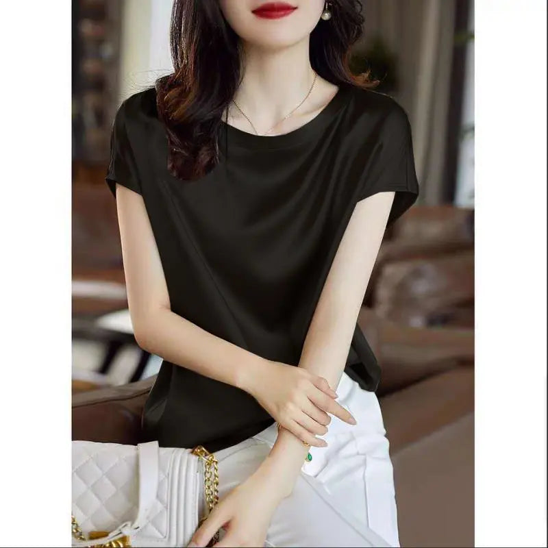 Silk Thin Short Sleeve Tees Style Slip Woman Summer Clothes Brown Tops Solid Loose Casual - Blade & Thread