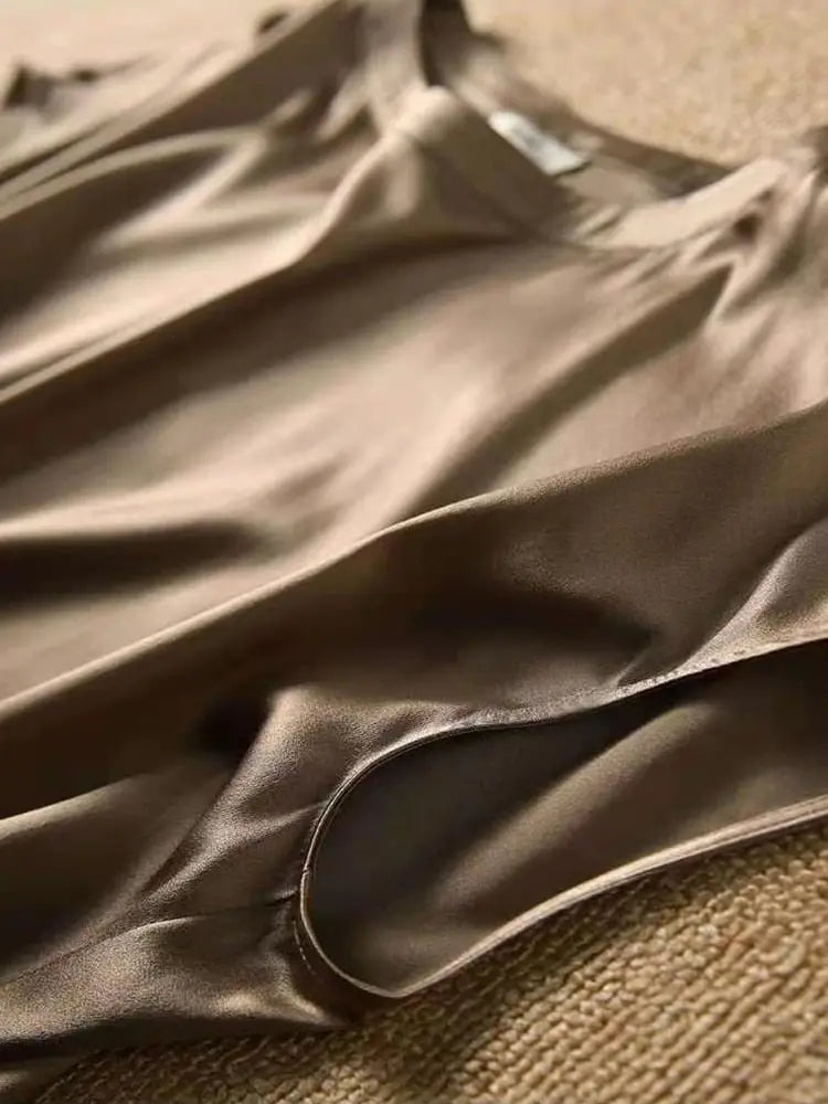 Silk Thin Short Sleeve Tees Style Slip Woman Summer Clothes Brown Tops Solid Loose Casual - Blade & Thread