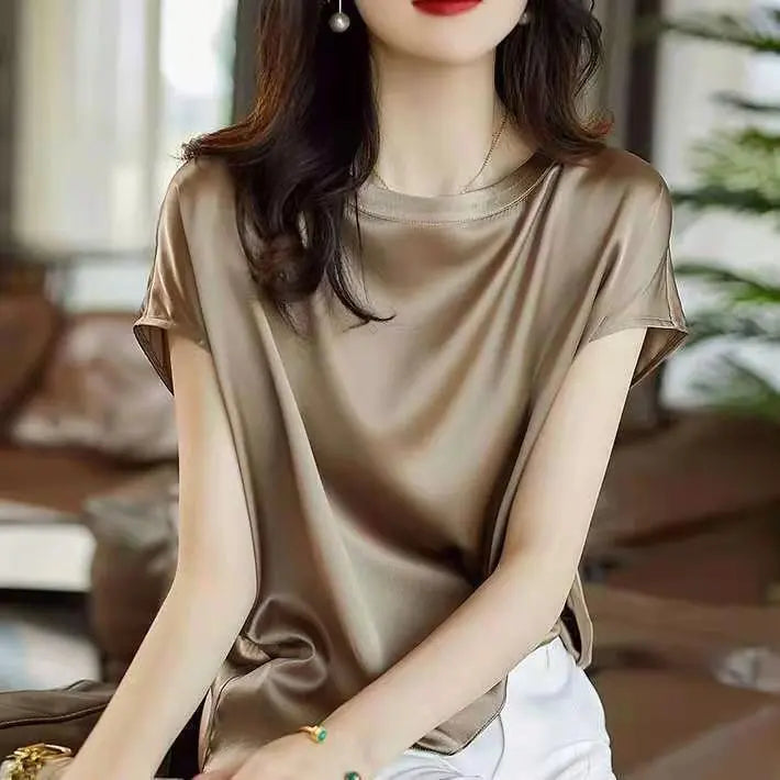Silk Thin Short Sleeve Tees Style Slip Woman Summer Clothes Brown Tops Solid Loose Casual - Blade & Thread