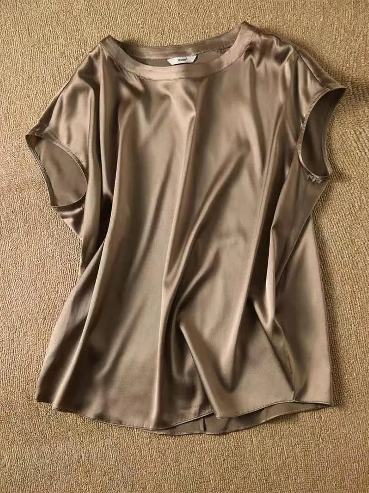 Silk Thin Short Sleeve Tees Style Slip Woman Summer Clothes Brown Tops Solid Loose Casual - Blade & Thread