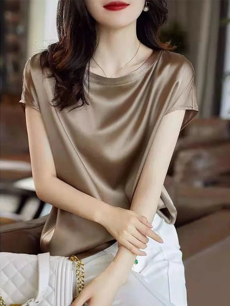 Silk Thin Short Sleeve Tees Style Slip Woman Summer Clothes Brown Tops Solid Loose Casual - Blade & Thread