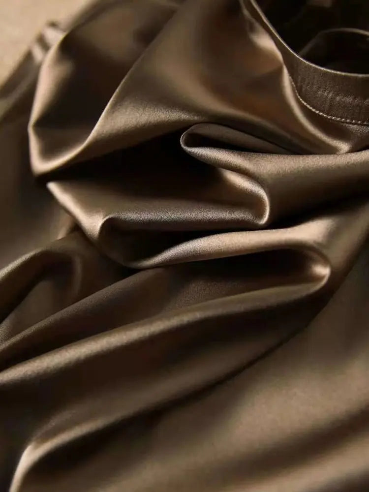 Silk Thin Short Sleeve Tees Style Slip Woman Summer Clothes Brown Tops Solid Loose Casual - Blade & Thread