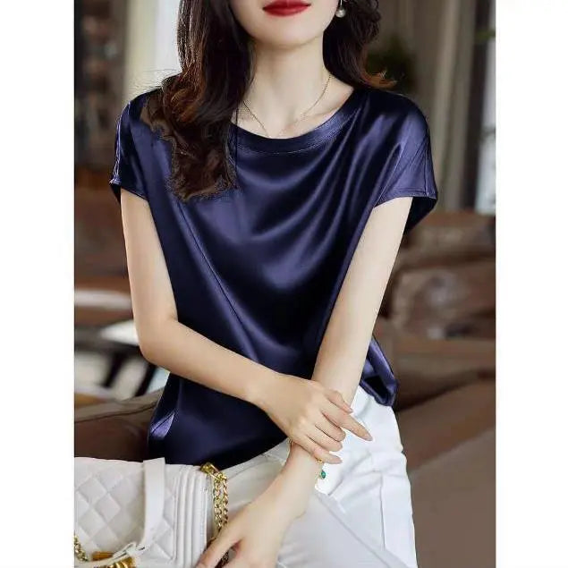 Silk Thin Short Sleeve Tees Style Slip Woman Summer Clothes Brown Tops Solid Loose Casual - Blade & Thread