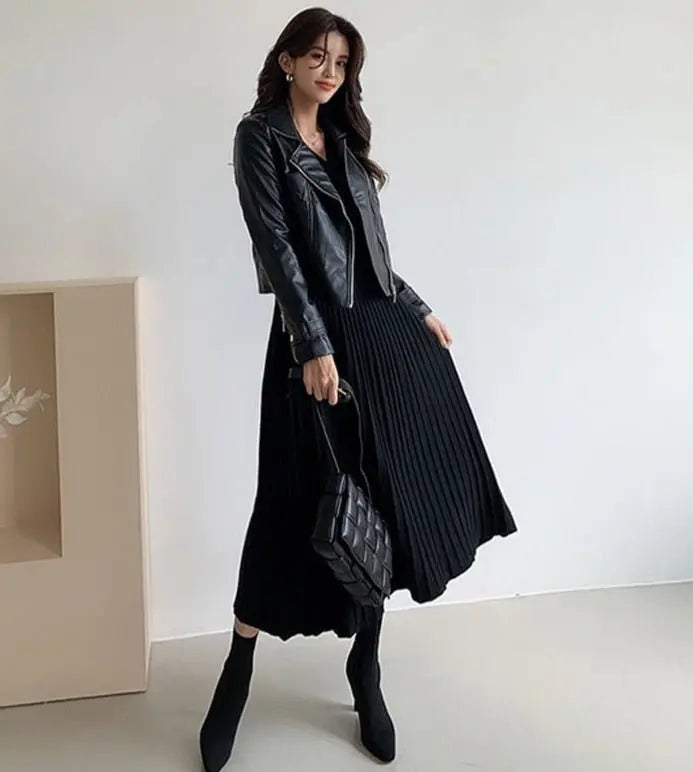 Single-breasted Women Sweater Dress Knitted Belted Female A-line soft dresses - Blade & Thread