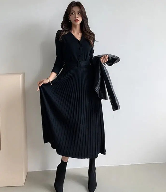 Single-breasted Women Sweater Dress Knitted Belted Female A-line soft dresses - Blade & Thread